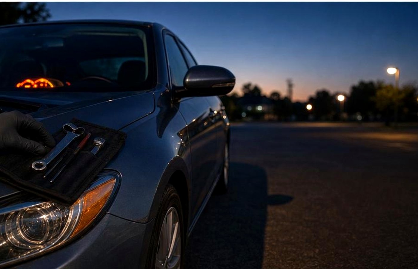 technician opening car hood in shaded Anaheim residential parking structure